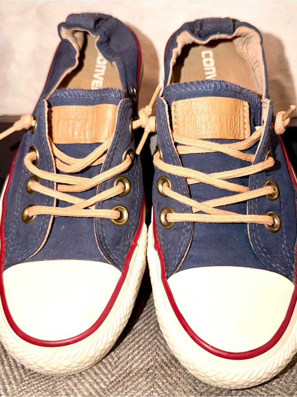 Converse Navy Canvas Sneakers with Tan Interior and Red Trim